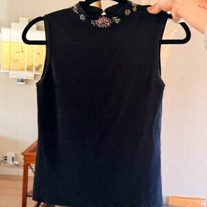 Vintage Black Embellished Mock Neck Sleeveless Top